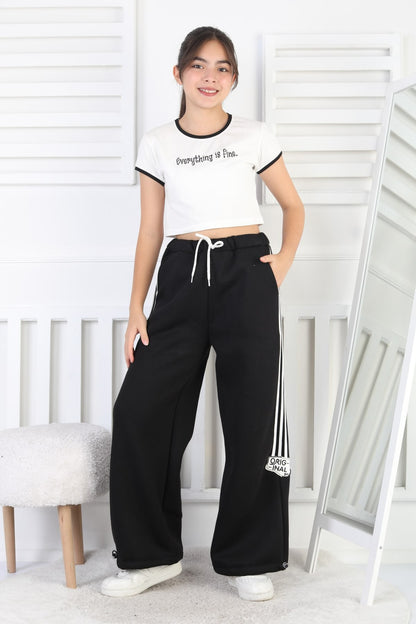 Üç İplik Şardonlu Çizgili Bol Paça Kız Çocuk Eşofman Altı