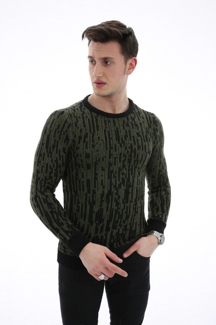 Çizgi Desenli Haki Kalın Kışlık Günlük Triko Kazak