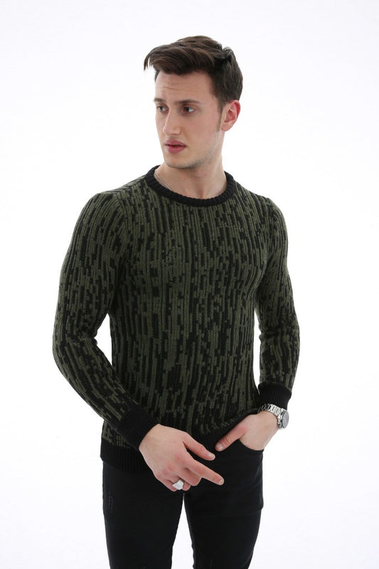 Çizgi Desenli Haki Kalın Kışlık Günlük Triko Kazak