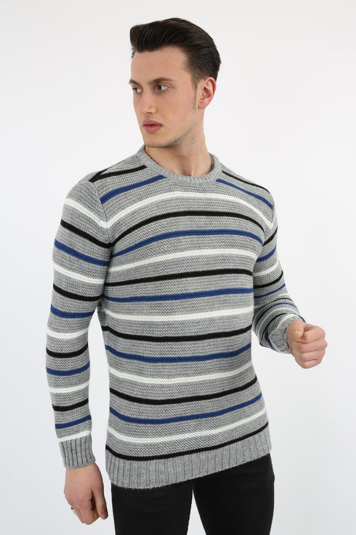 Çok Renkli Çizgi Desenli Gri Kalın Kışlık Günlük Triko Kazak