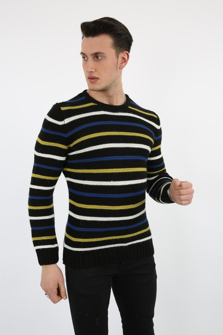 Çok Renkli Çizgi Desenli Siyah Kalın Kışlık Günlük Triko Kazak