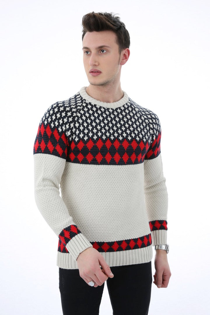 Desenli Krem Kalın Kışlık Günlük Triko Kazak