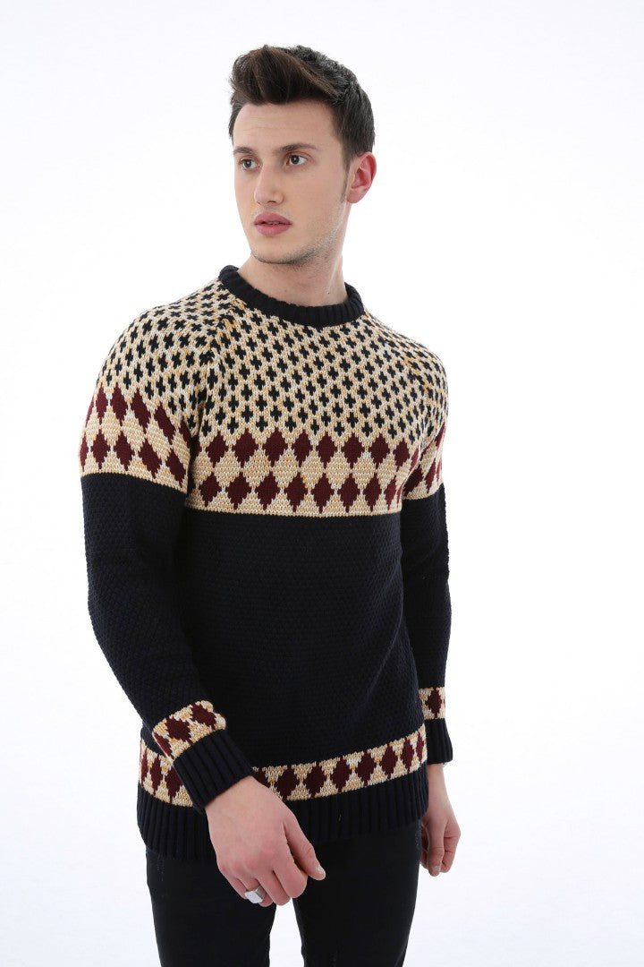 Desenli Lacivert Kalın Kışlık Günlük Triko Kazak