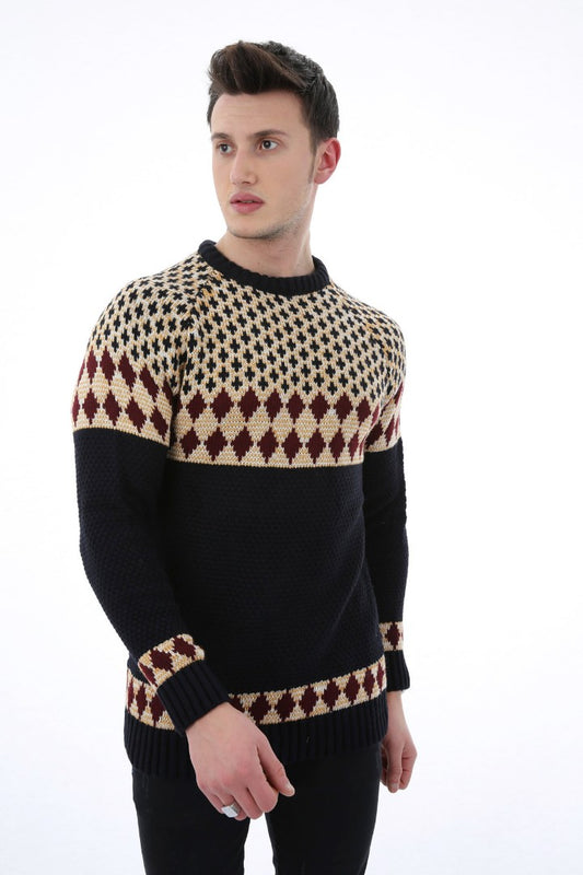 Desenli Lacivert Kalın Kışlık Günlük Triko Kazak