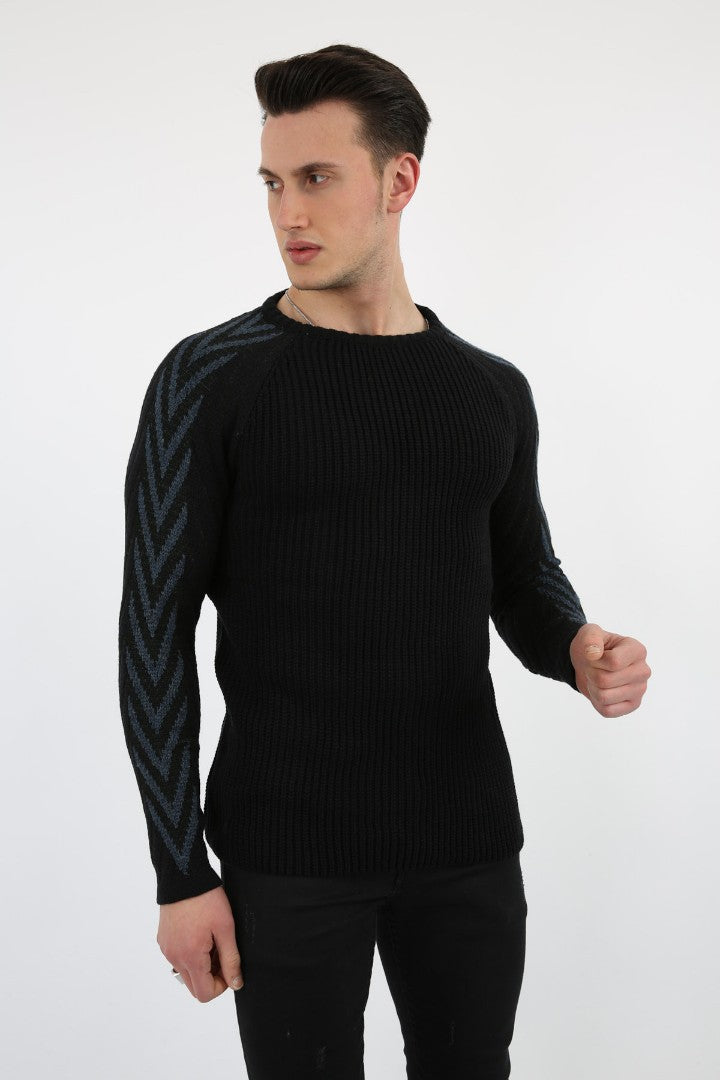 Erkek Lacivert Kolu Şeritli Kalın Kışlık Günlük Triko Kazak