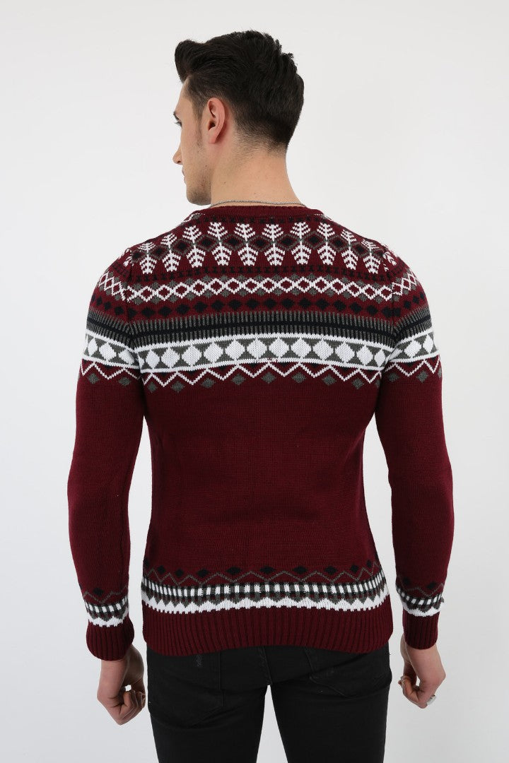 Karışık Desenli Bordo Kalın Kışlık Günlük Triko Kazak