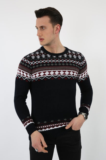 Karışık Desenli Lacivert Kalın Kışlık Günlük Triko Kazak