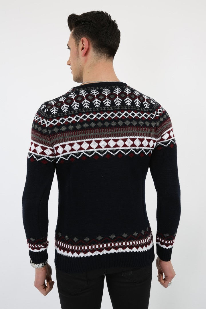 Karışık Desenli Lacivert Kalın Kışlık Günlük Triko Kazak