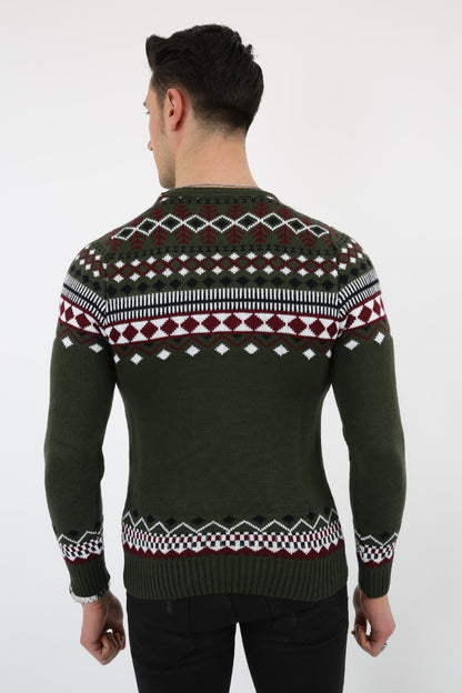 Karışık Desenli Yeşil Kalın Kışlık Günlük Triko Kazak