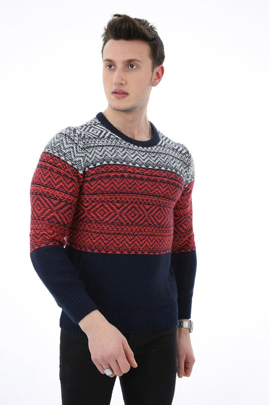 Kilim Desenli Bordo Kalın Kışlık Günlük Triko Kazak