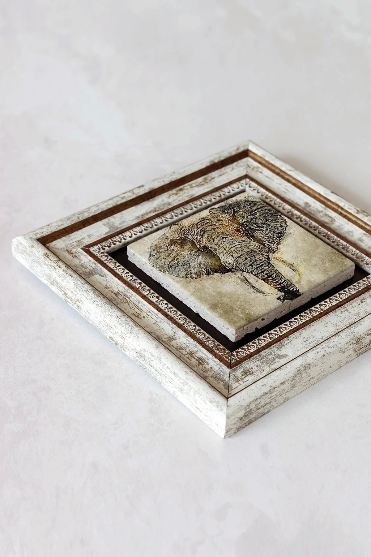 Fil Çerçeveli Taş Tablo , Çerçeveli Taş Duvar Dekoru-enkcrcvtbl-00105 20 cm