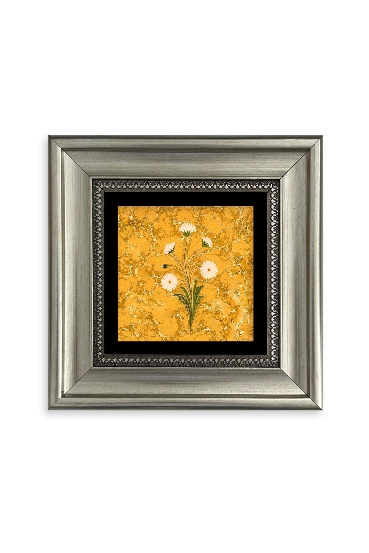 Ebru Sanatı Çiçek Çerçeveli Taş Tablo 20 cm