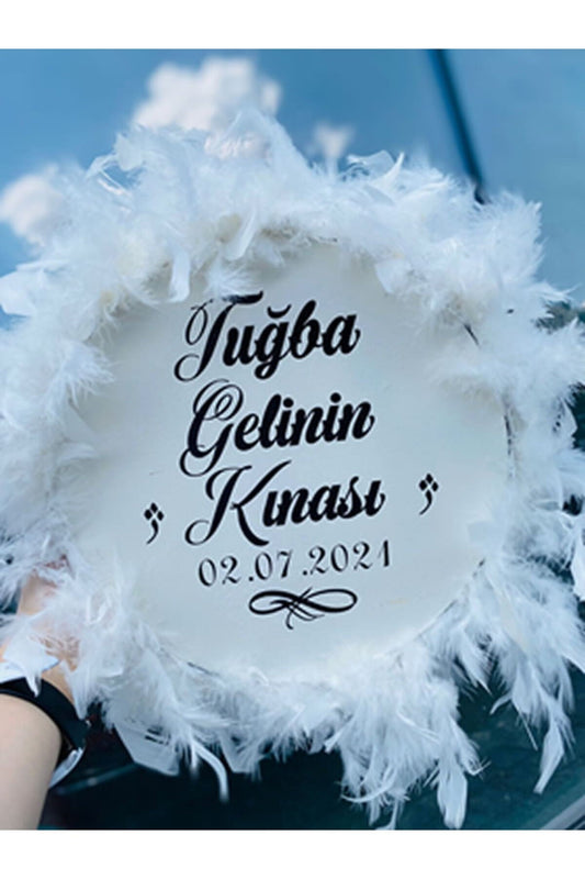 Kişiye Özel Tüylü Kına Gecesi Tefi,beyaz Tüylü Gelin Tefi, Kına Tefi (22 CM)