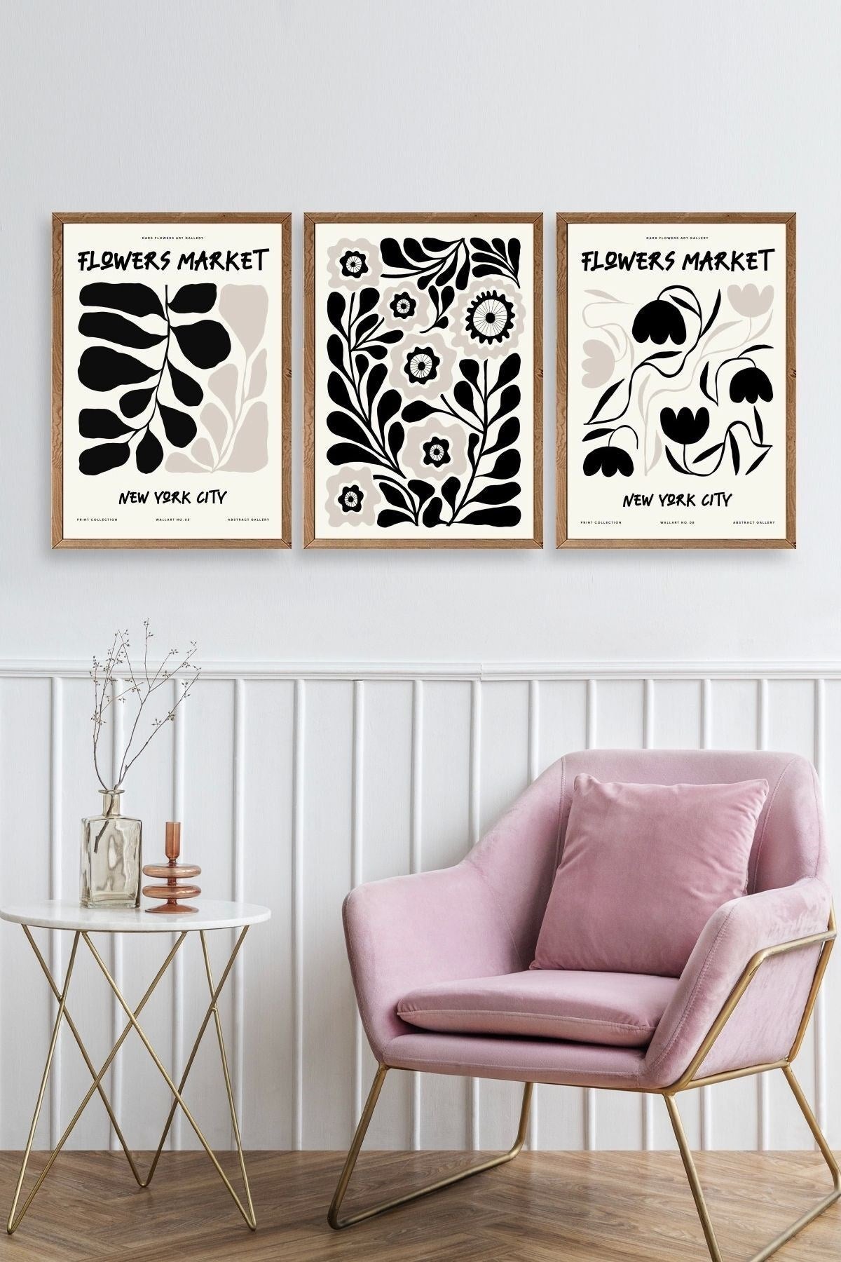 Flower Market Üçlü Ahşap Çerçeveli Tablo 50 x 70