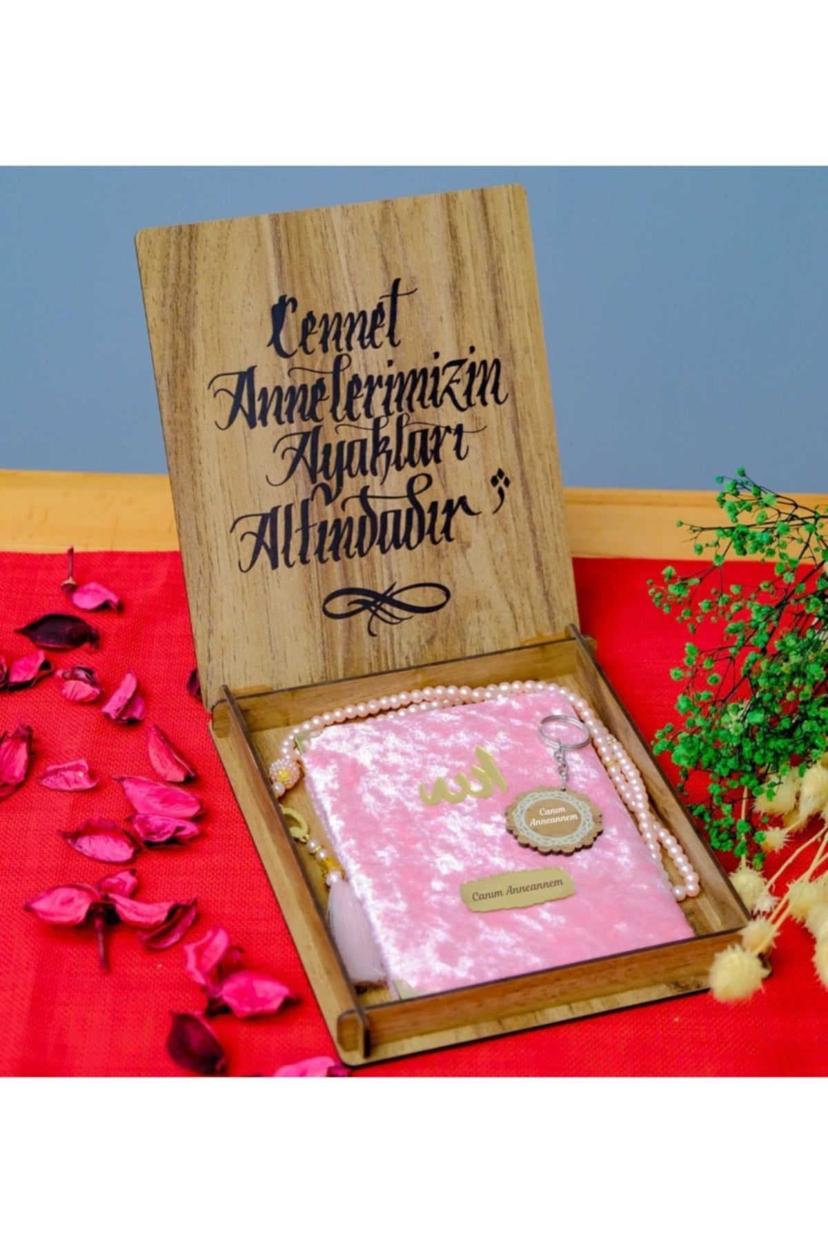 Canım Annem Yazılı Anahtarlıklı Ahşap Pembe Yasin-i Şerif Seti