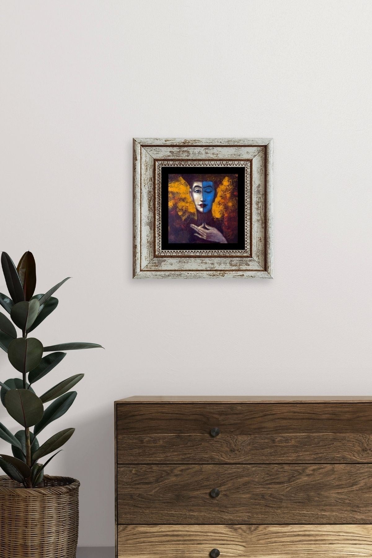 İki Ruh Hali Kadın Çerçeveli Taş Tablo 20 cm