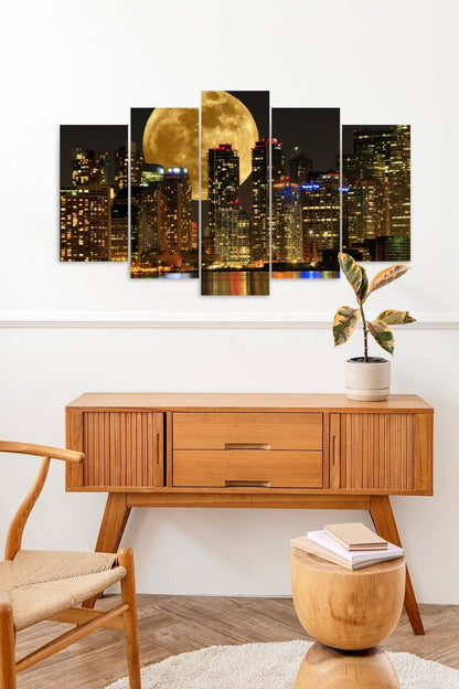 Ay ve Şehir Manzarası 5 Parçalı Mdf Tablo 60 x 100