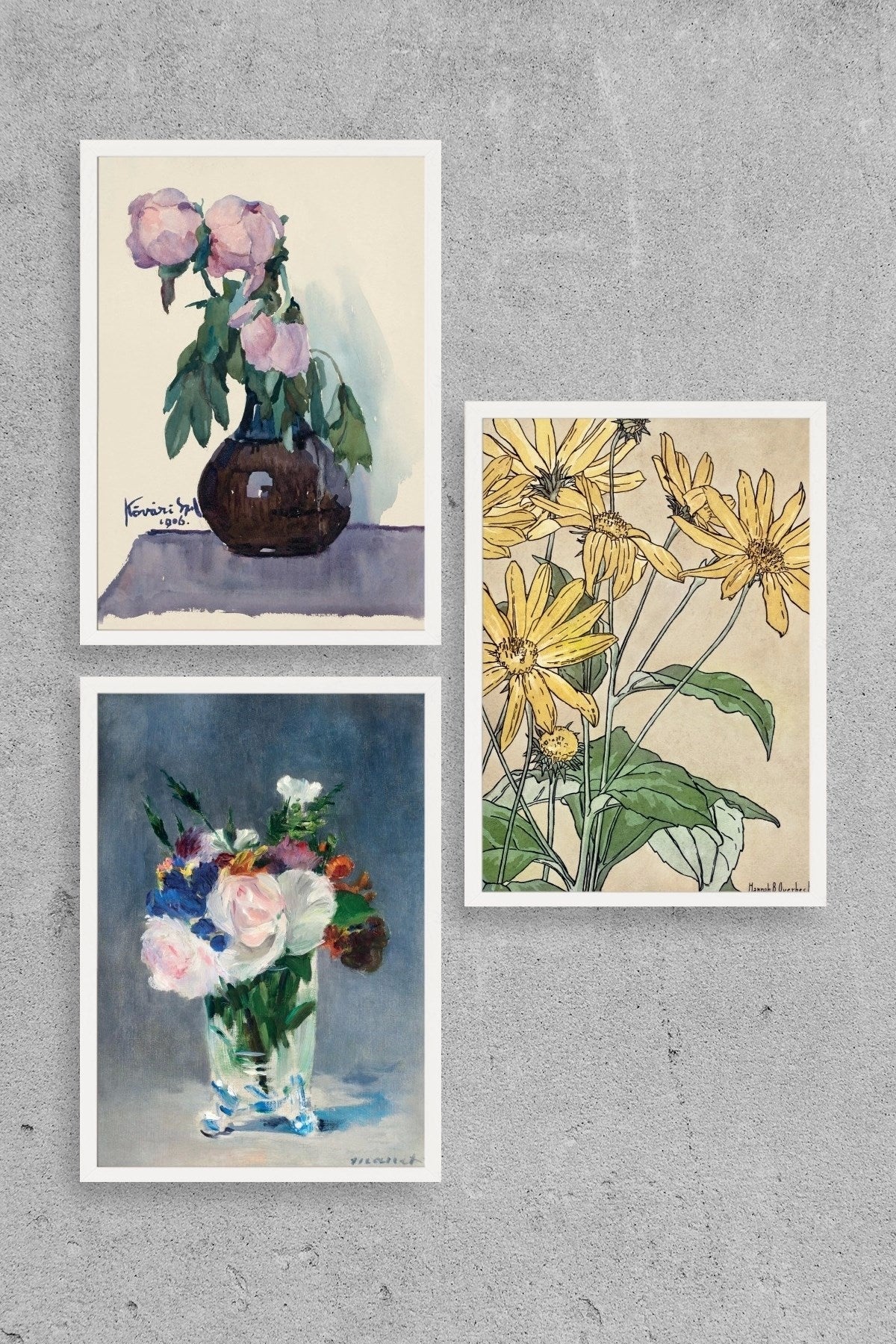 Vazodaki Çiçekler Üçlü Ahşap Çerçeveli Tablo 50 x 70