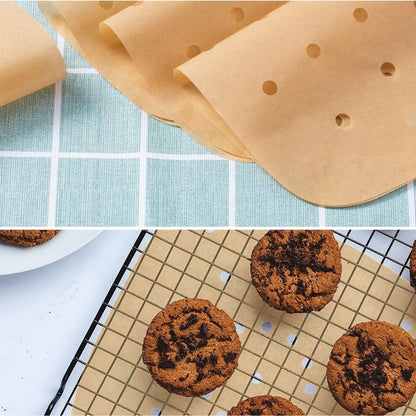 BUFFER® 150 Adet Air Fryer Pişirme Kağıdı Tek Kullanımlık Hava Fritöz Yağ Geçirmez Yapışmaz Gıda Pişirme Kağıdı Delikli Kare Model