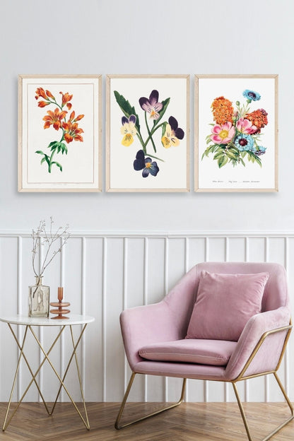 Çiçek Üçlü Ahşap Çerçeveli Tablo 30 x 40