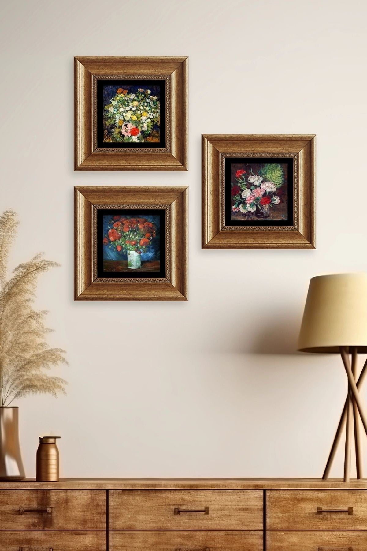 Çiçekler 3 lü Set Çerçeveli Taş Tablo 20 cm