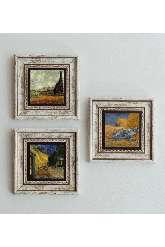 Vincent Van Gogh 3'lü Çerçeveli Taş Tablo , Çerçeveli Taş Duvar Dekoru 20 cm
