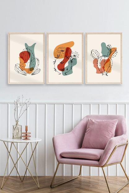 Düşündüren Şekiller Üçlü Ahşap Çerçeveli Tablo 23 x 30