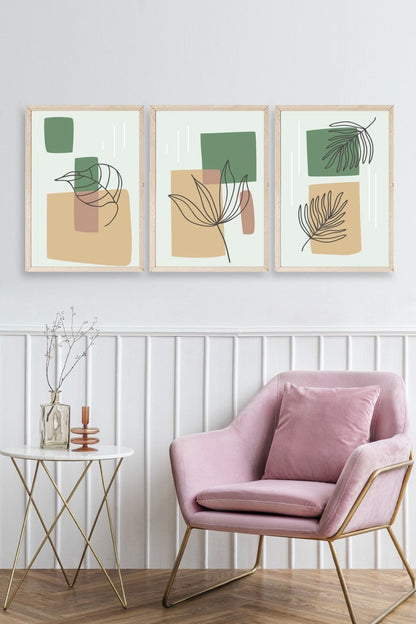 Çiçek Desenli Üçlü Ahşap Çerçeveli Tablo 23 x 30