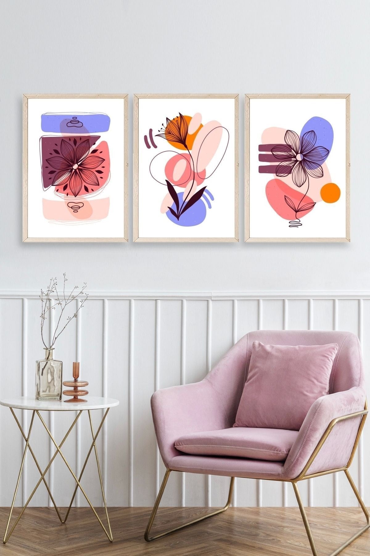 Çiçek Desenli Üçlü Ahşap Çerçeveli Tablo 50 x 70