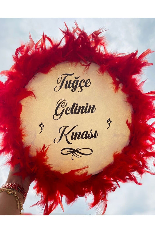 Kişiye Özel Tüylü Kına Gecesi Tefi,kırmızı Tüylü Kına Tefi, Gelin Tefi (28 CM)