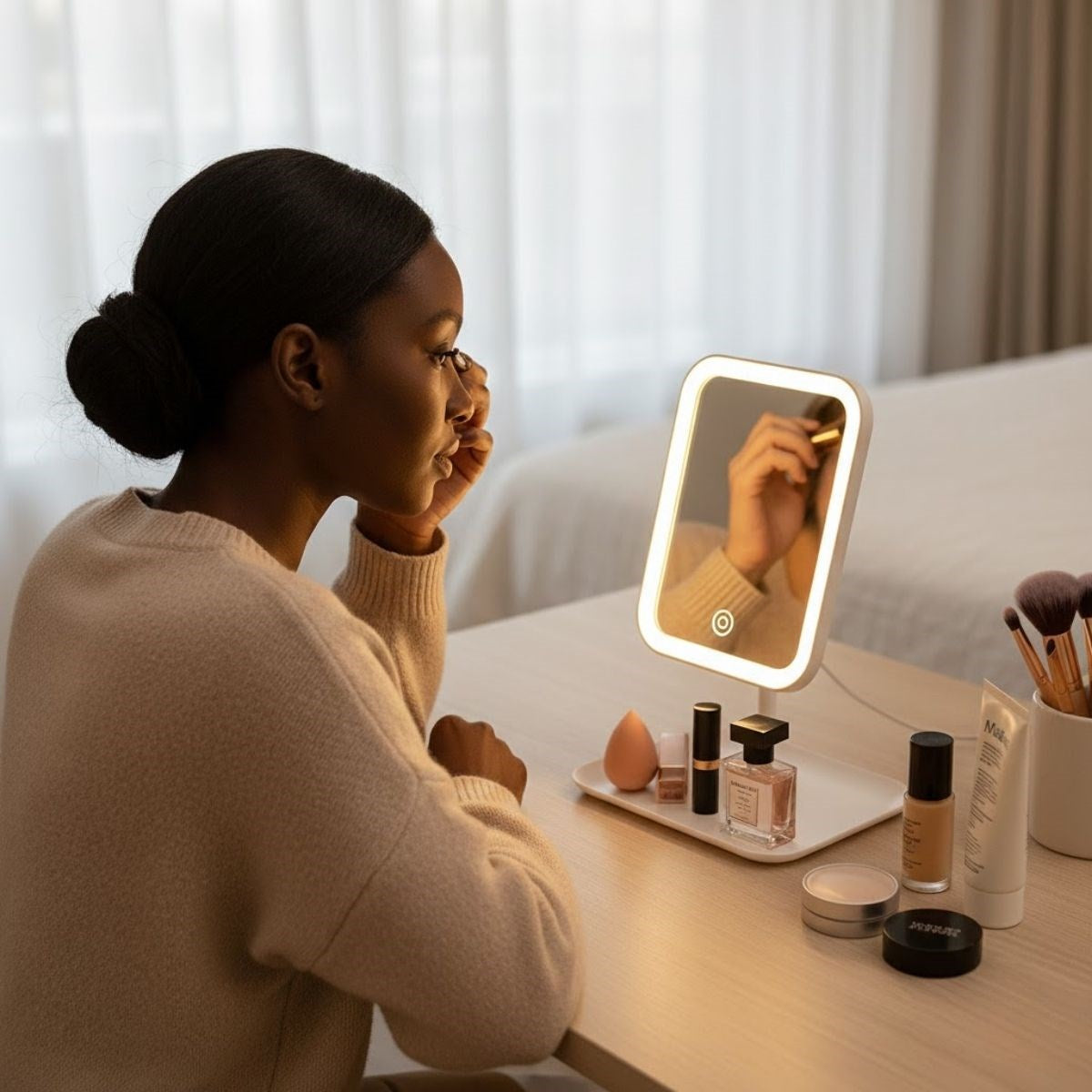 BUFFER® Dokunmatik LED Işıklı Kare Makyaj Aynası – Altı Organizer Kaseli, Ayarlanabilir Aydınlatmalı Masaüstü Makyaj ve Cilt Bakım Aynası