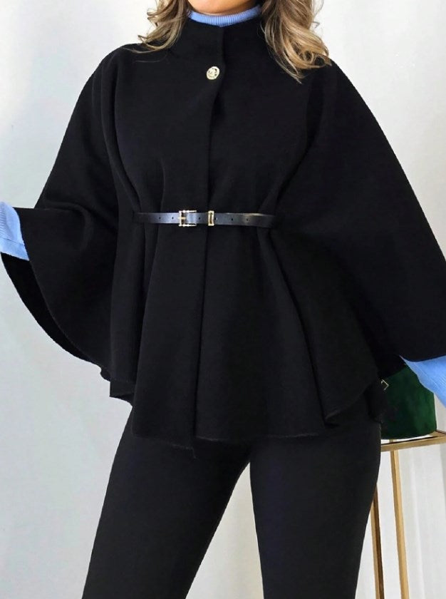 HAKİM YAKA KEMER DETAYLI siyah kemer secenekli KAŞE PANÇO kahve rengi kemer