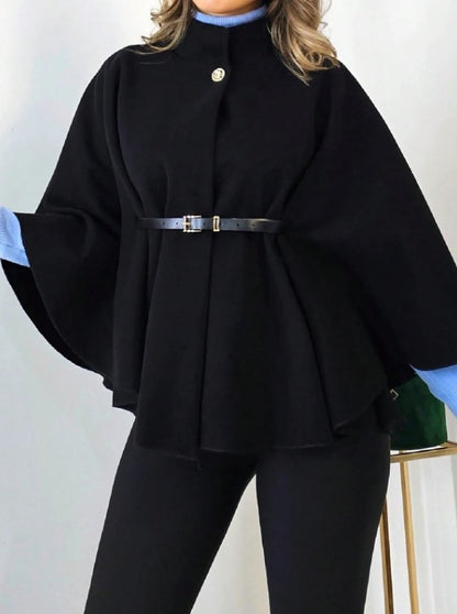 HAKİM YAKA KEMER DETAYLI siyah kemer secenekli KAŞE PANÇO kahve rengi kemer