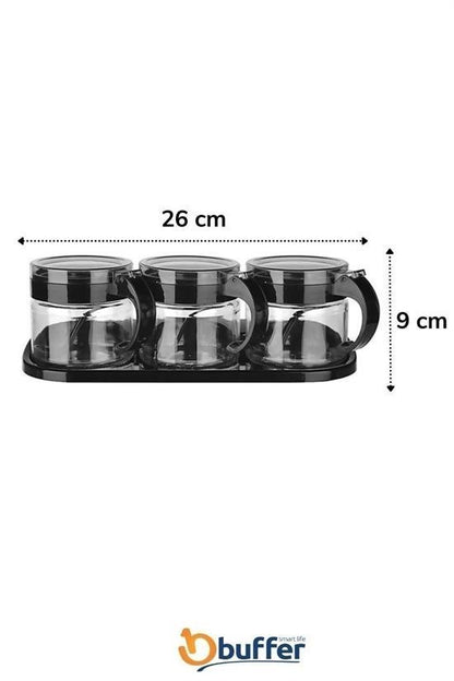 BUFFER® Siyah 3lü Standlı Kapaklı Kaşıklı Cam Hava Sızdırmaz Baharatlık Takımı KC-386