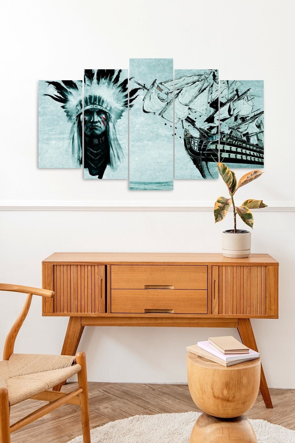 Kızılderili Gemi Manzara 5 Parçalı Mdf Tablo 60 x 100