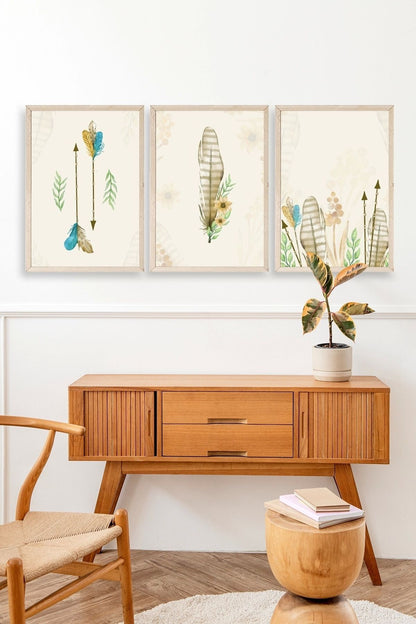 Çiçekli Desenler Üçlü Ahşap Çerçeveli Tablo 50 x 70