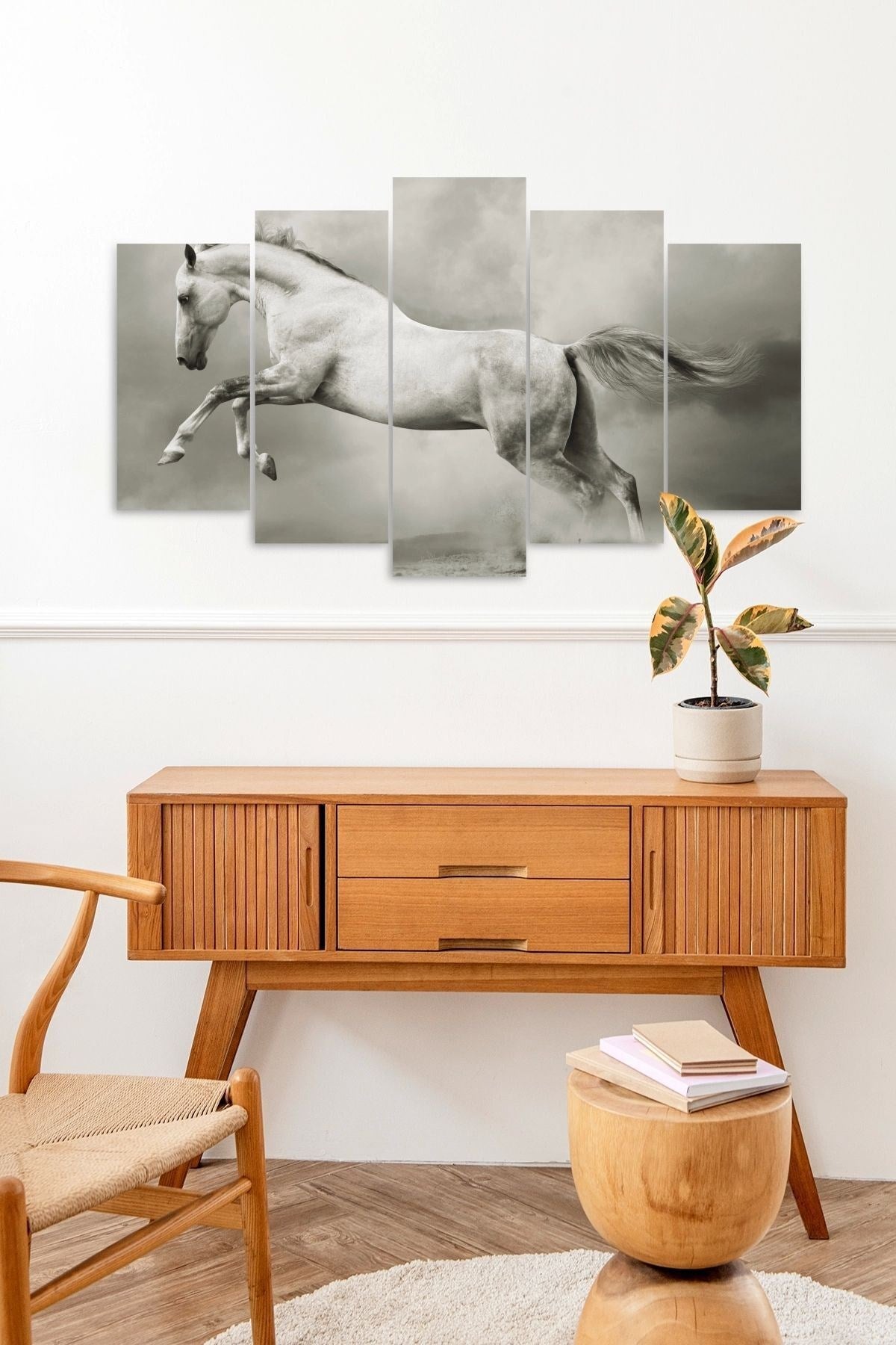 Beyaz At Manzarası 5 Parçalı Mdf Tablo 60 x 100