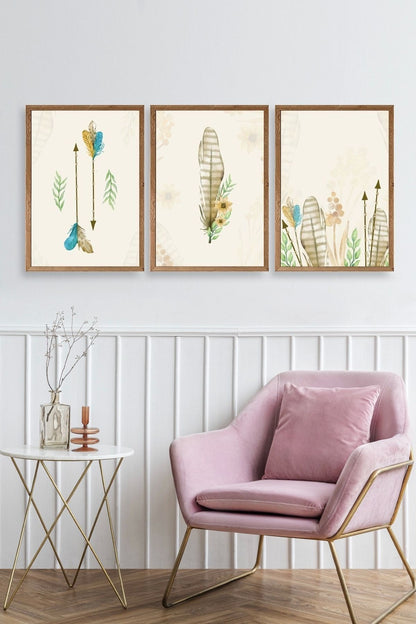 Çiçekli Desenler Üçlü Ahşap Çerçeveli Tablo 50 x 70