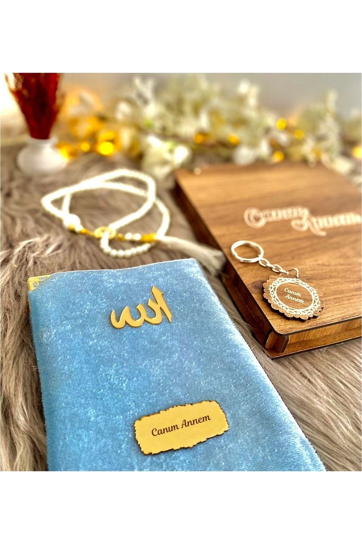 Canım Annem Ahşap Kutulu Anahtarlıklı Mavi Yasin-i Şerif Seti