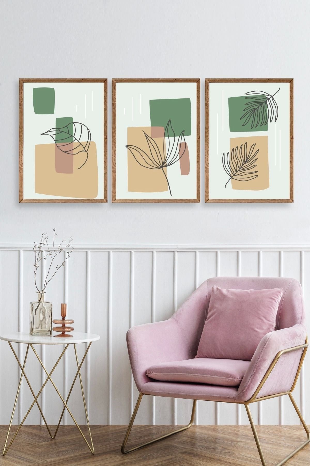 Çiçek Desenli Üçlü Ahşap Çerçeveli Tablo 30 x 42