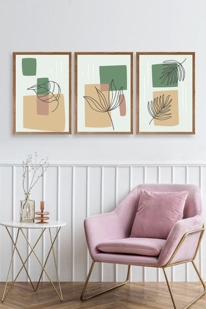 Çiçek Desenli Üçlü Ahşap Çerçeveli Tablo 30 x 42