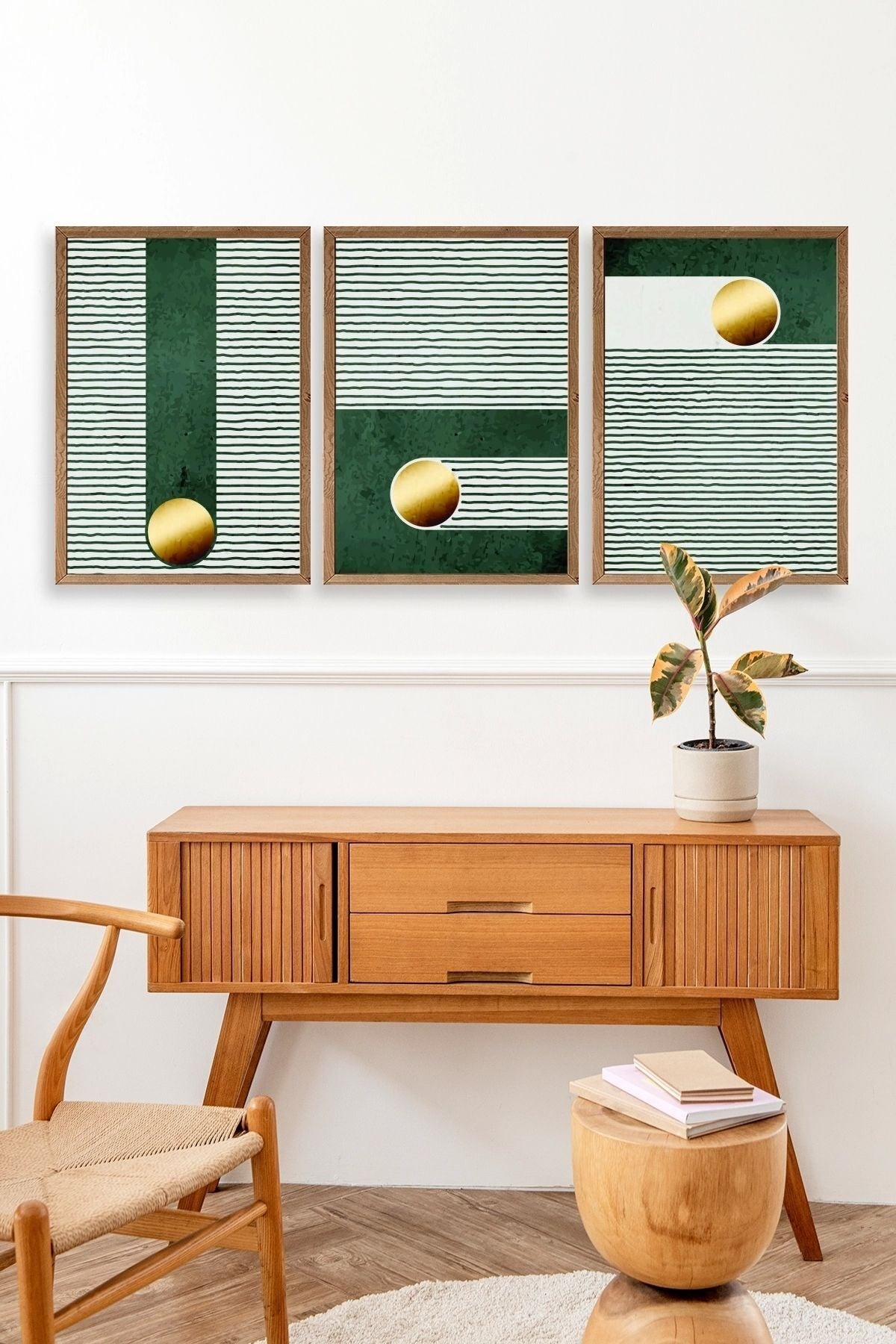 Yuvarlak Top Desenli Üçlü Ahşap Çerçeveli Tablo 30 x 42