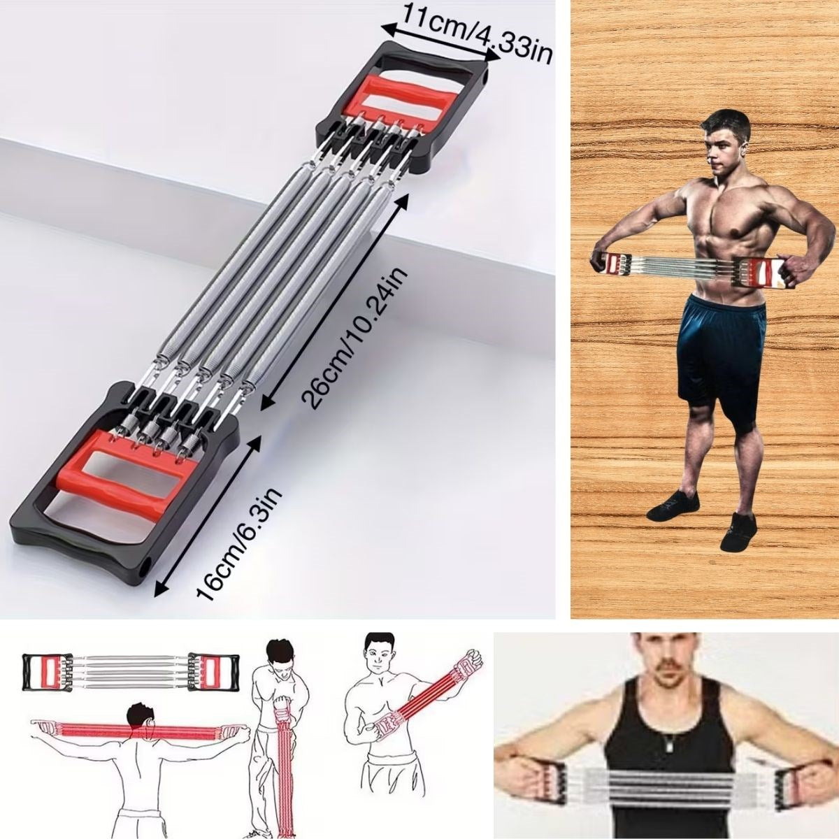 BUFFER® Göğüs Genişletme ve Kuvvet Egzersiz Aleti – 5 Yaylı 5 Kademeli Ayarlanabilir Fitness ve Kuvvet Antrenmanı Ekipmanı