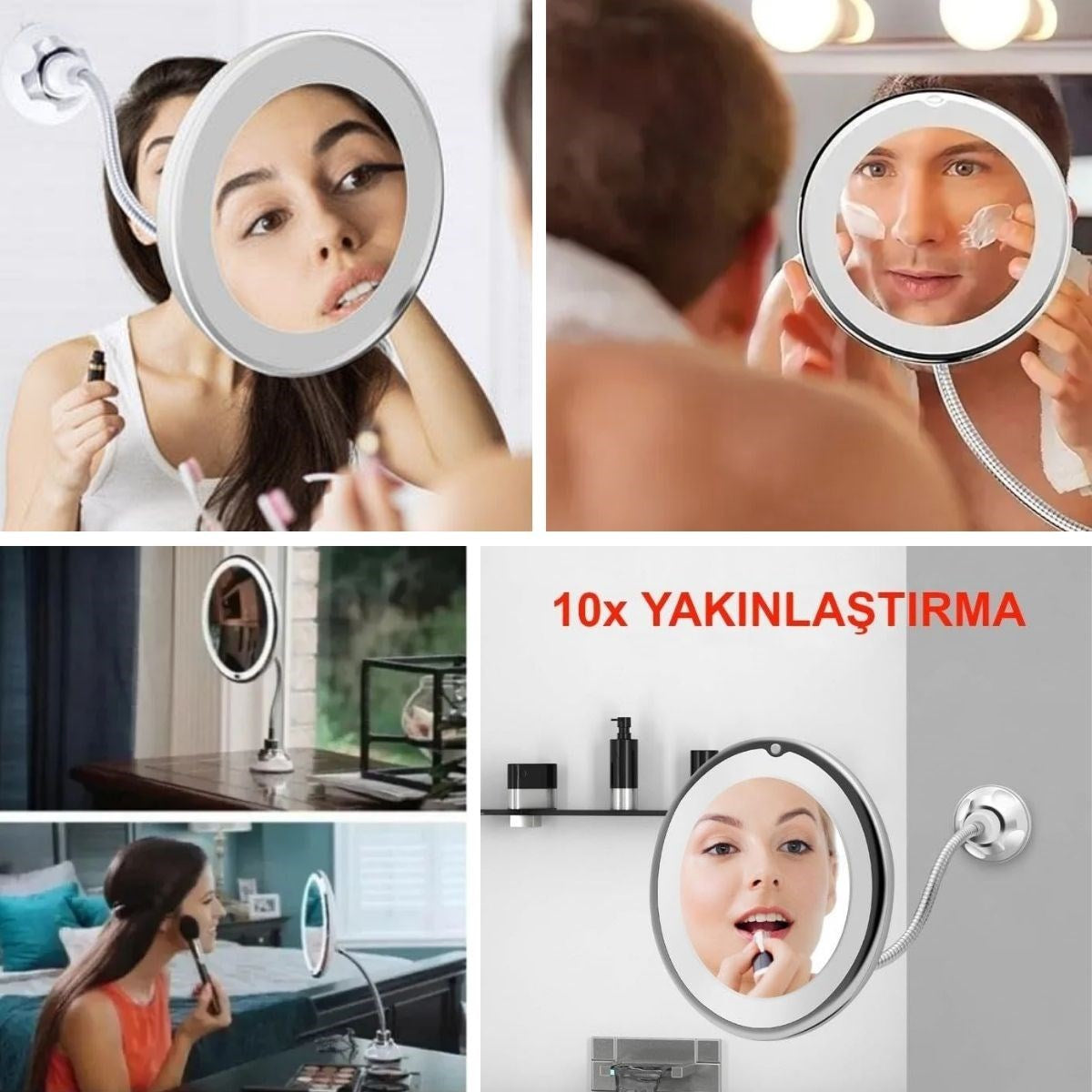 BUFFER® 360° Döner Esnek Makyaj Aynası – 10X Büyüteçli, Güçlü Vantuzlu Detay Görüntüleme Çok Açılı Makyaj & Cilt Bakım Aynası