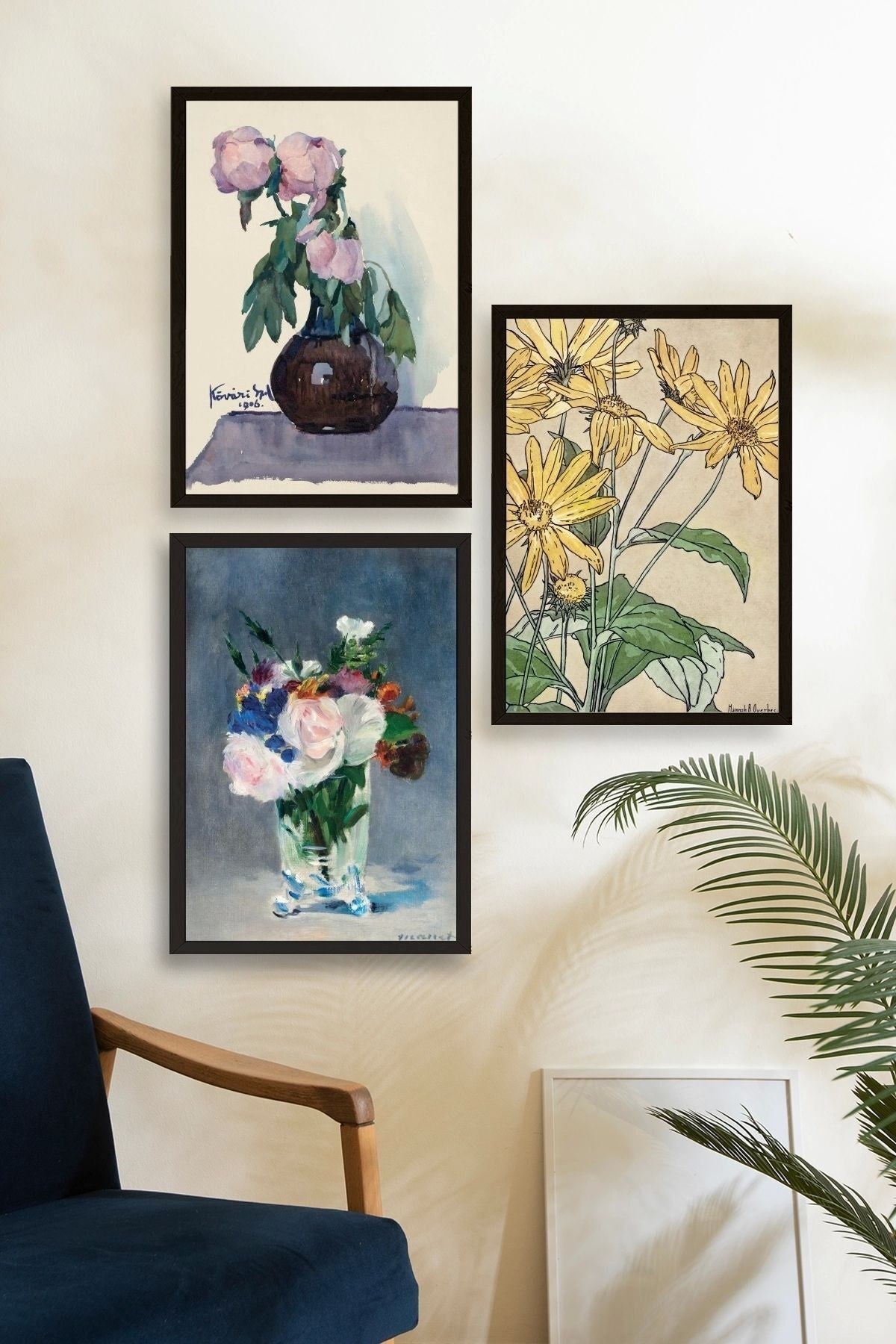 Vazodaki Çiçekler Üçlü Ahşap Çerçeveli Tablo 40 x 60