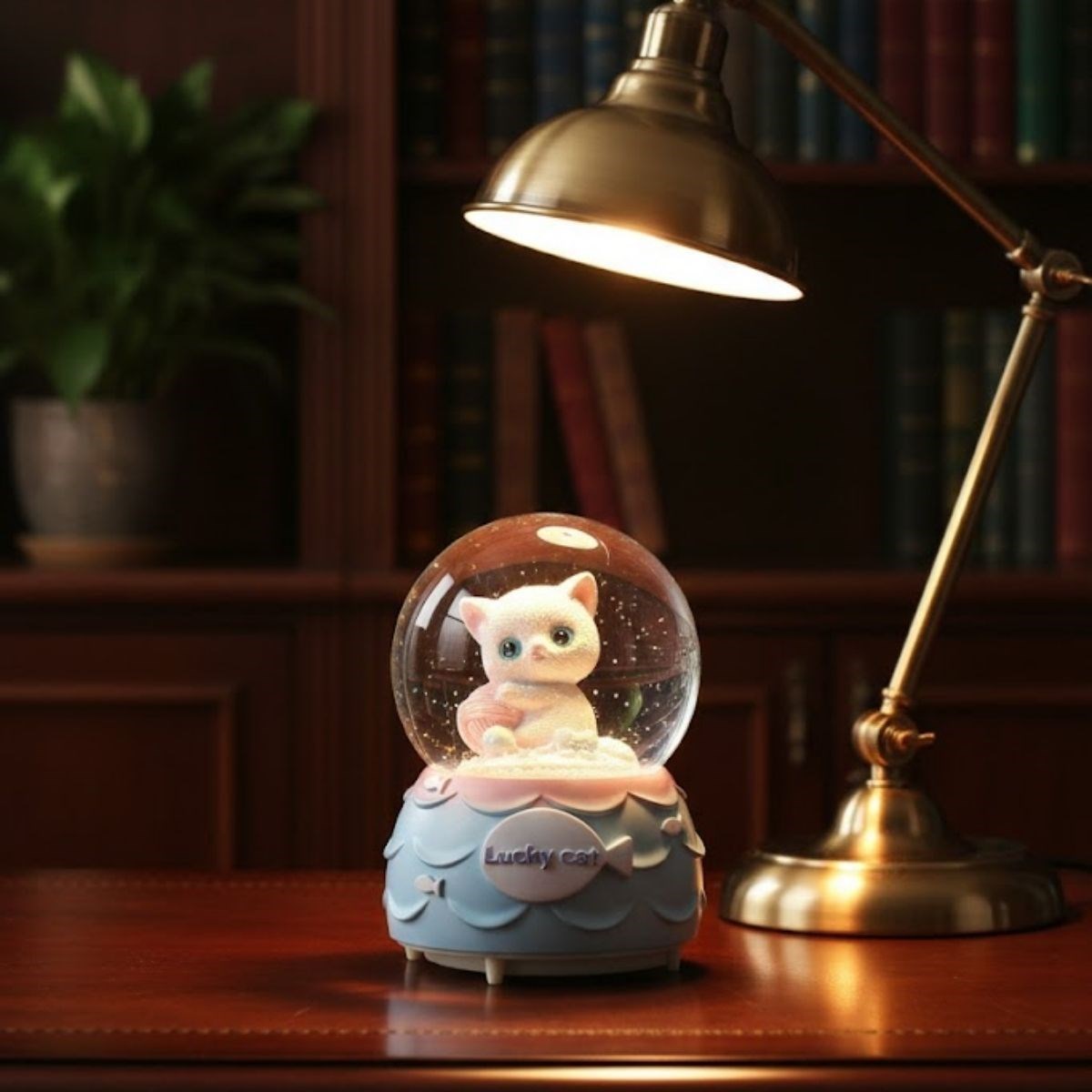 Pilli Işıklı Müzikli Kar Küresi–Şanslı Toplu Kedi Figürlü Eğlenceli Masaüstü Biblo, LED Aydınlatmalı Dekoratif Hediyelik Kar Küresi