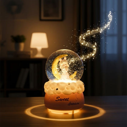 Pilli Işıklı Müzikli Kar Küresi–Hilal Ay Önünde Prenses Figürlü Eğlenceli Masaüstü Biblo, LED Aydınlatmalı Dekoratif Hediyelik Kar Küresi