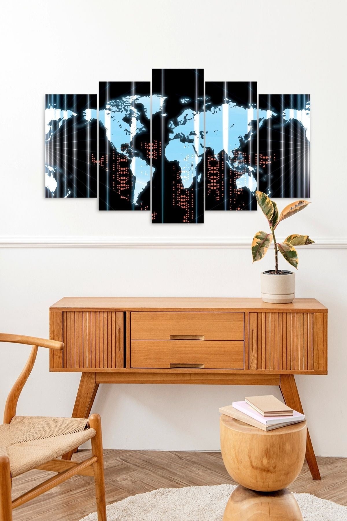 Dünya Haritası 5 Parçalı Mdf Tablo 60 x 100