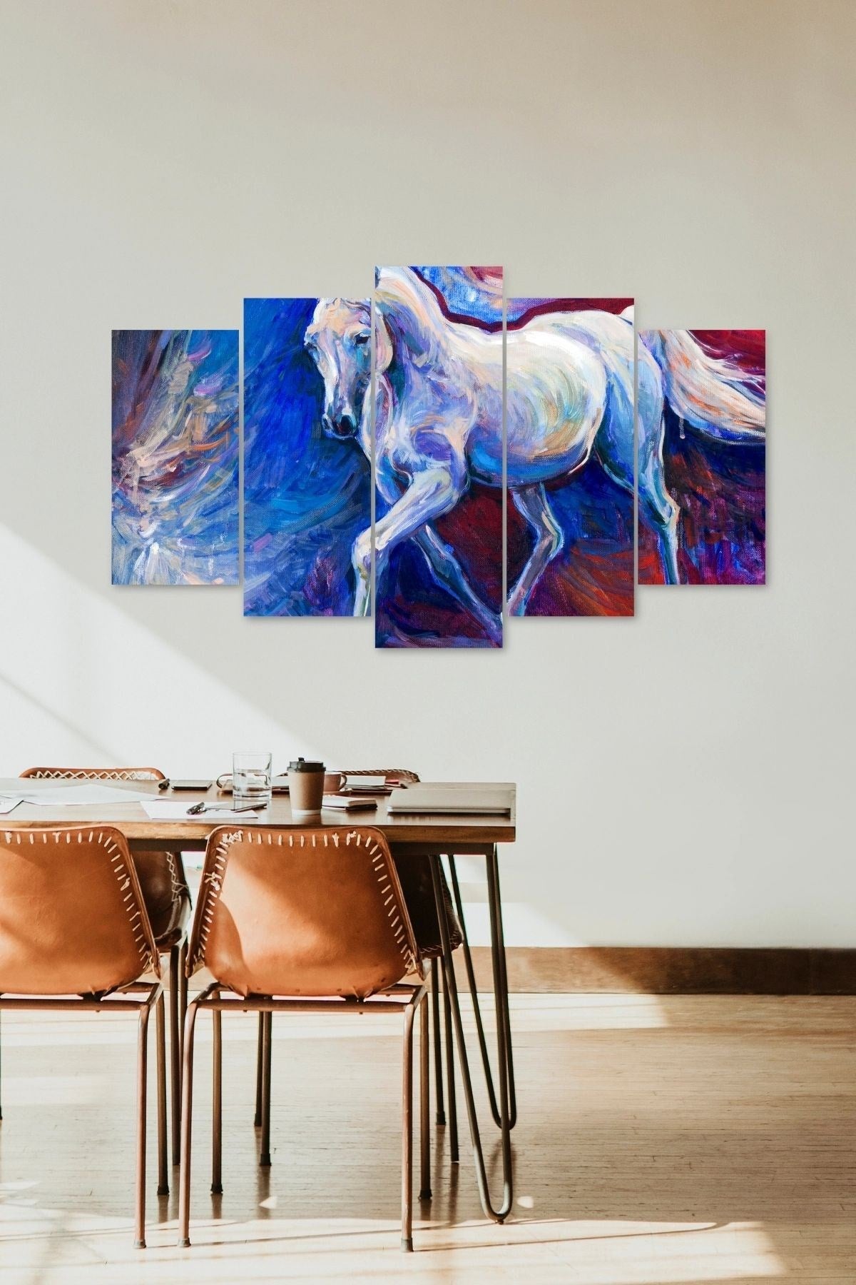 Beyaz At Manzara 5 Parçalı Mdf Tablo 60 x 100