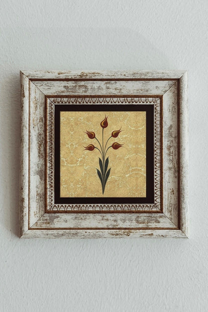 Ebru Lale Desen Çerçeveli Taş Tablo , Çerçeveli Taş Duvar Dekoru - Enkcrcvtbl-00092 20 cm